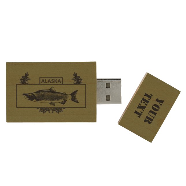 Subdued Alaska Combat Fisherman Badge Wood Flash Drive (Opened)