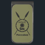 Subdued Maccabee Shield And Spears<br><div class="desc">A black military "subdued" style depiction of a Maccabee's shield and two spears. The shield is adorned by a lion and text reading "Yisrael" (Israel) in the Paleo-Hebrew alphabet. Text reading "Maccabee" also appears. The Maccabees were Jewish rebels who freed Judea from the yoke of the Seleucid Empire. Chanukkah is...</div>