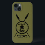Subdued Maccabee Shield And Spears iPhone 13 Case<br><div class="desc">A black military "subdued" style depiction of a Maccabee's shield and two spears. The shield is adorned by a lion and text reading "Yisrael" (Israel) in the Paleo-Hebrew alphabet. Hebrew text reading "Maccabee" also appears. The Maccabees were Jewish rebels who freed Judea from the yoke of the Seleucid Empire. Chanukkah...</div>