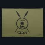 Subdued Maccabee Shield And Spears Cloth Placemat<br><div class="desc">A black military "subdued" style depiction of a Maccabee's shield and two spears. The shield is adorned by a lion and text reading "Yisrael" (Israel) in the Paleo-Hebrew alphabet. Hebrew text reading "Maccabee" also appears. The Maccabees were Jewish rebels who freed Judea from the yoke of the Seleucid Empire. Chanukkah...</div>
