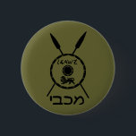 Subdued Maccabee Shield And Spears Pinback Button<br><div class="desc">A black military "subdued" style depiction of a Maccabee's shield and two spears. The shield is adorned by a lion and text reading "Yisrael" (Israel) in the Paleo-Hebrew alphabet. Hebrew text reading "Maccabee" also appears. The Maccabees were Jewish rebels who freed Judea from the yoke of the Seleucid Empire. Chanukkah...</div>