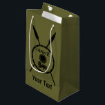 Subdued Maccabee Shield And Spears Small Gift Bag<br><div class="desc">A black military "subdued" style depiction of a Maccabee's shield and two spears. The shield is adorned by a lion and text reading "Yisrael" (Israel) in the Paleo-Hebrew alphabet. Add your own text. The Maccabees were Jewish rebels who freed Judea from the yoke of the Seleucid Empire. Chanukkah is not...</div>