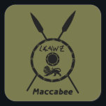 Subdued Maccabee Shield And Spears Square Sticker<br><div class="desc">A black military "subdued" style depiction of a Maccabee's shield and two spears. The shield is adorned by a lion and text reading "Yisrael" (Israel) in the Paleo-Hebrew alphabet. Text reading "Maccabee" also appears. The Maccabees were Jewish rebels who freed Judea from the yoke of the Seleucid Empire. Chanukkah is...</div>