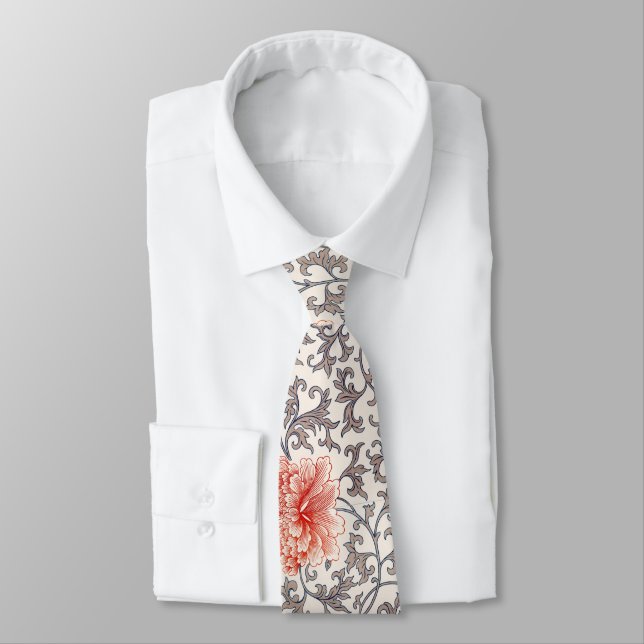 Subdued Oriental Floral Pattern Neck Tie (Tied)