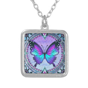 Sublimation Butterfly with Background Silver Plated Necklace
