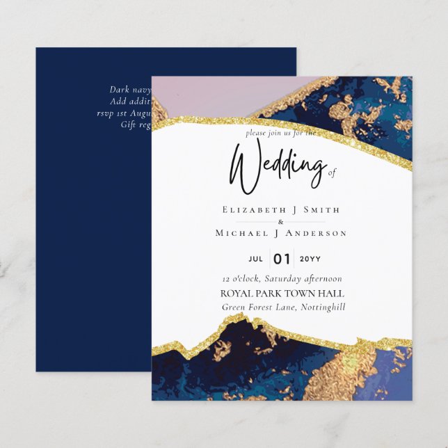 Sublime Blue Gold Agate Wedding Invitations (Front/Back)