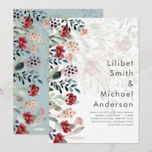 Sublime Burgundy Blue Wildflowers Wedding Elegant Invitation