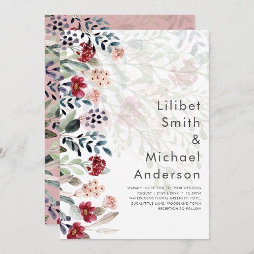 Sublime Burgundy Blue Wildflowers Wedding Elegant Invitation