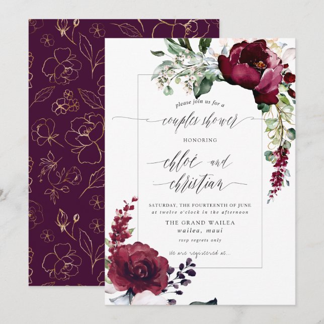 Sublime Burgundy Blush Watercolor Couples Shower Invitation (Front/Back)