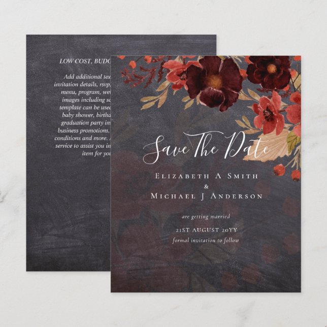 Sublime Burgundy Floral Wedding SAVE DATES Budget (Front/Back)