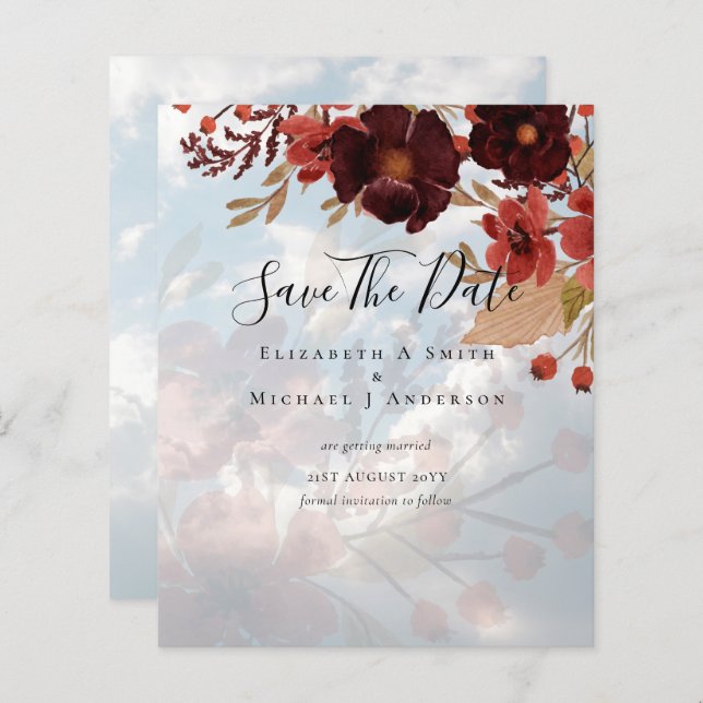 Sublime Burgundy Floral Wedding SAVE DATES Budget (Front/Back)