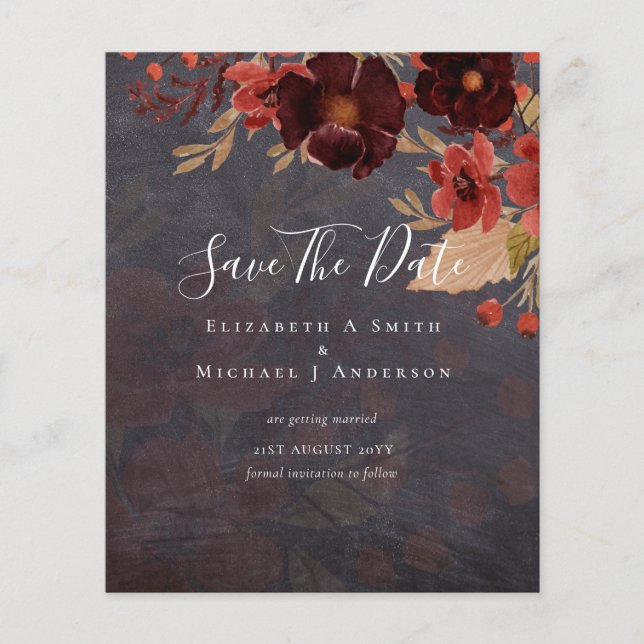 Sublime Burgundy Floral Wedding SAVE DATES Budget Flyer (Front)