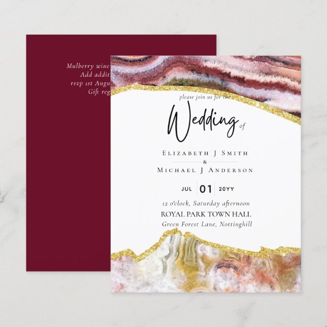 Sublime Burgundy Gold Agate Wedding INVITES BUDGET (Front/Back)
