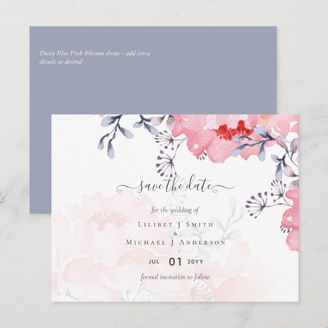 Sublime  Dusty Blue Pink Blossom Wedding Suite Postcard (Front/Back)