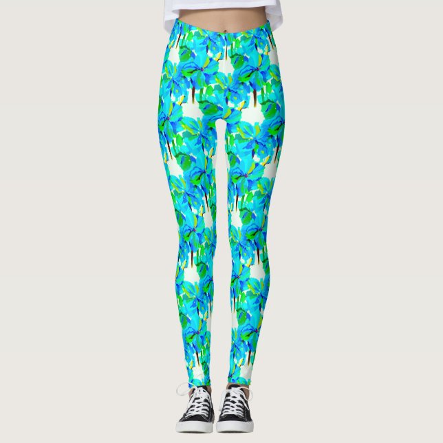 Sublime Himalayan Poppy Aqua Blue Floral Pattern Leggings (Front)