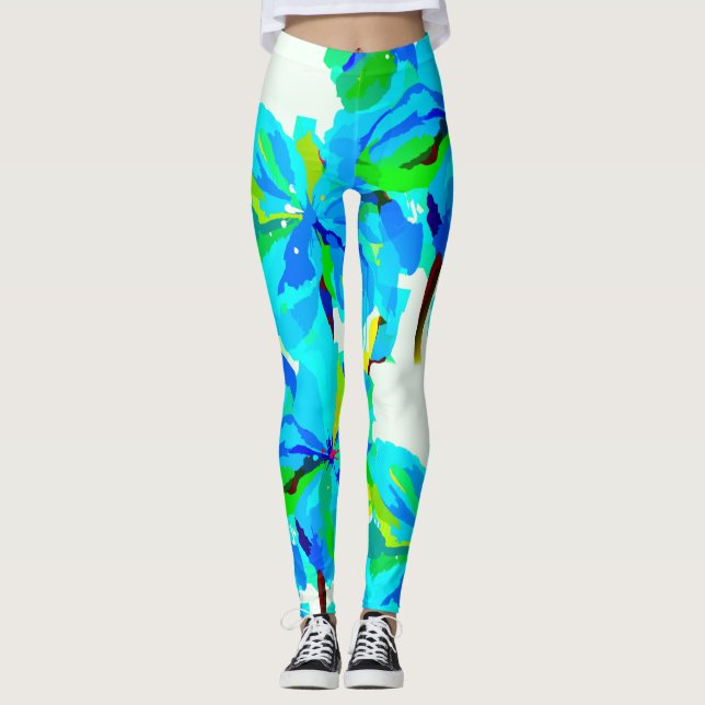Sublime Himalayan Poppy Aqua Green Floral Pattern Leggings (Front)