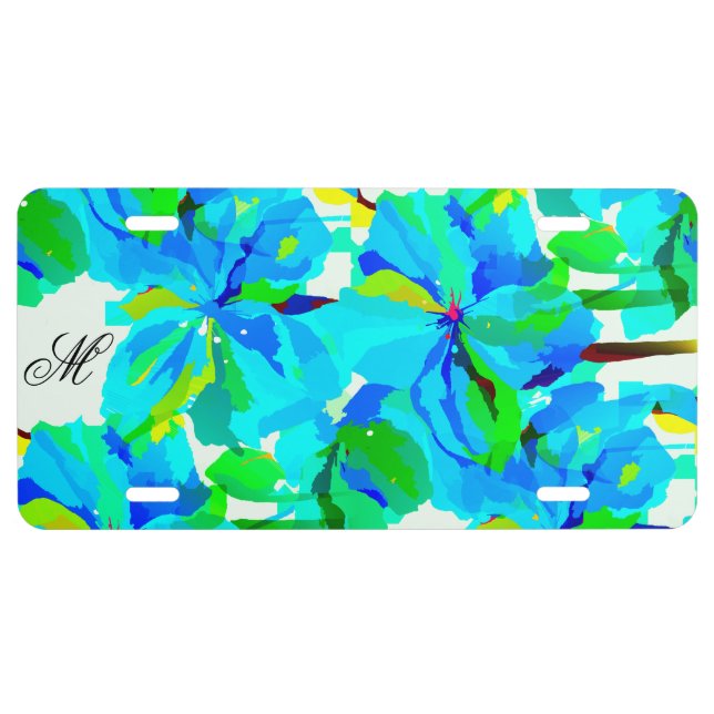 Sublime Himalayan Poppy Aqua Green Floral Pattern License Plate (Front)