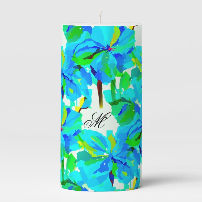 Sublime Himalayan Poppy Aqua Green Floral Pattern Pillar Candle (Front)