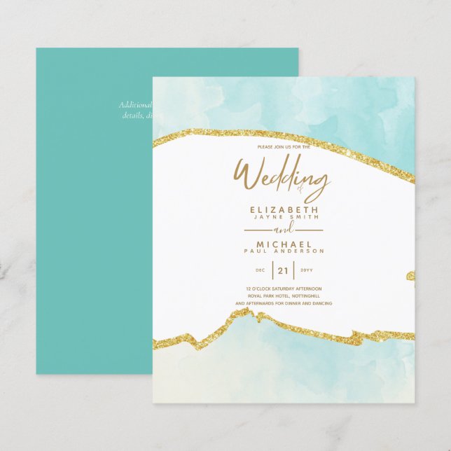 Sublime Ocean Aqua Blue Gold Wedding Invitations (Front/Back)