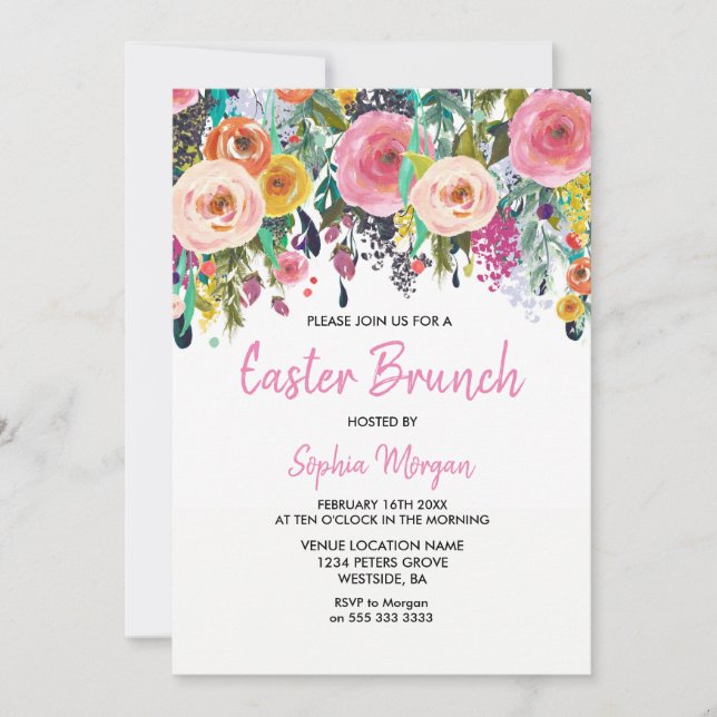 Sublime Pink Floral Colorful Easter Brunch Invite (Front)
