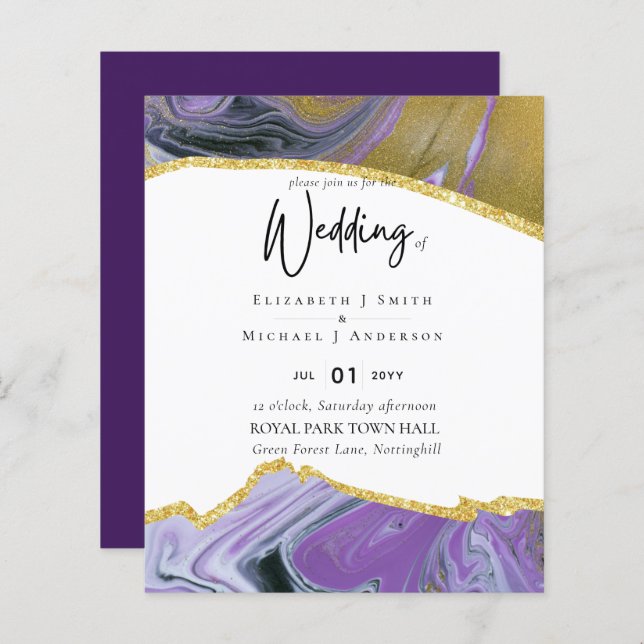 Sublime Purple Gold Agate Wedding INVITES BUDGET (Front/Back)