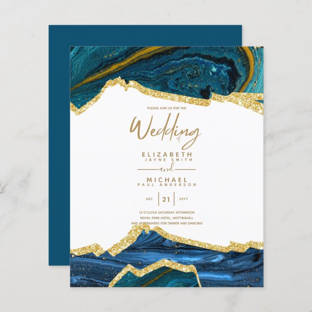 Sublime TEAL GOLD Agate Style Wedding Invitations (Front/Back)