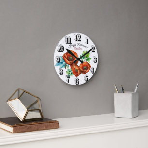 Sublime Watercolor Red Poppies Happy Retirement Round Clock