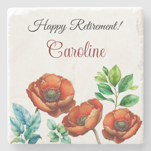 Sublime Watercolor Red Poppies Happy Retirement Stone Coaster (Front)
