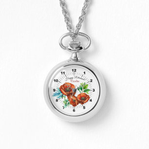 Sublime Watercolor Red Poppies Happy Retirement Watch