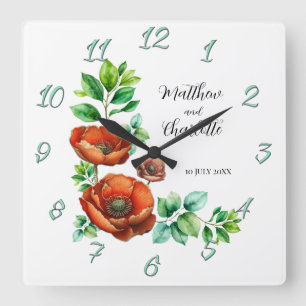Sublime Watercolor Red Poppies in Vintage Style Square Wall Clock