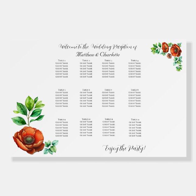 Sublime Watercolor Red Poppies Seating Chart Foam Board (Front)