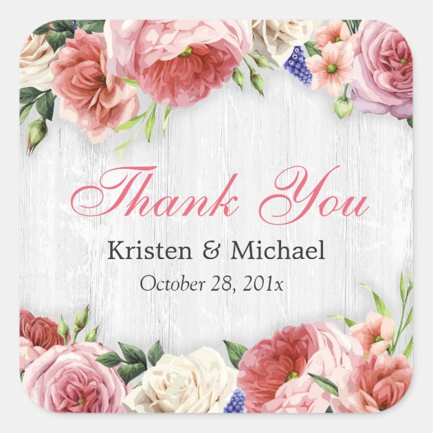 Sublte Chic Wood Rustic Floral Roses Thank You Square Sticker