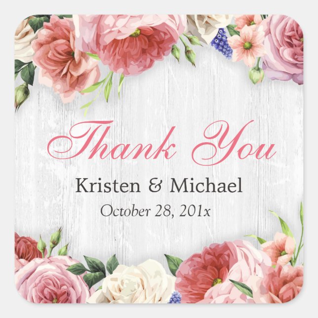 Sublte Chic Wood Rustic Floral Roses Thank You Square Sticker (Front)