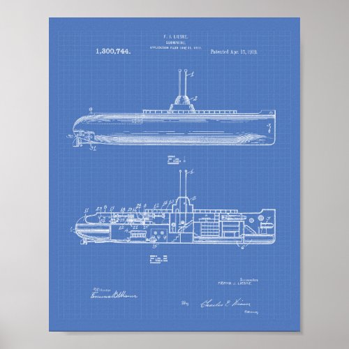 Submarine 1919 Patent Art Blueprint Poster