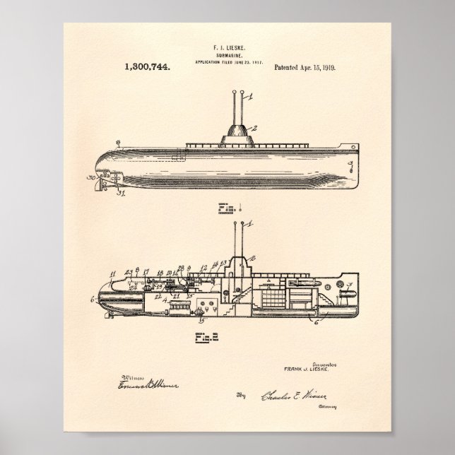 Submarine 1919 Patent Art Old Peper Poster (Front)