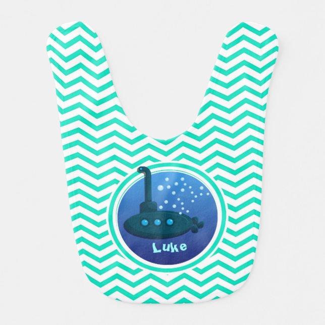 Submarine; Aqua Green Chevron Baby Bib (Front)