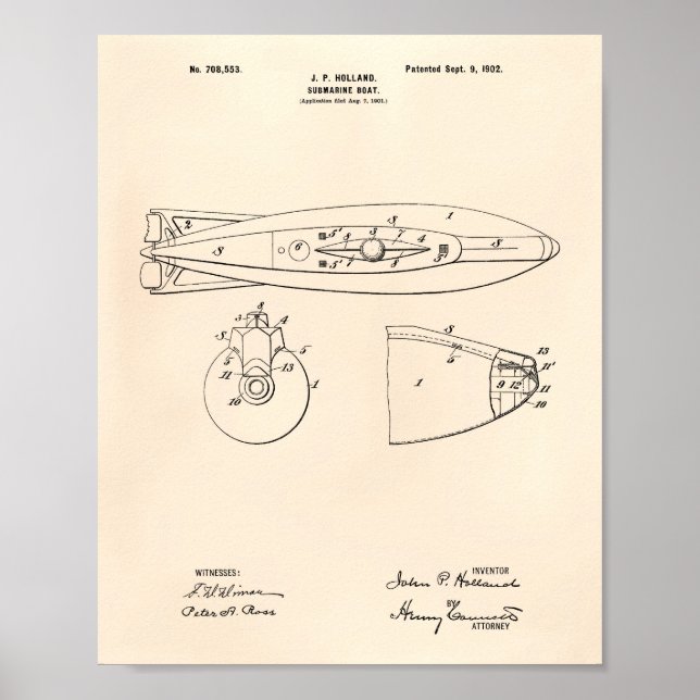 Submarine Boat 1902 Patent Art Old Peper Poster (Front)