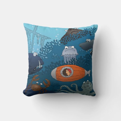 Submarine Boy Cartoon Undersea Animal Monster Throw Pillow