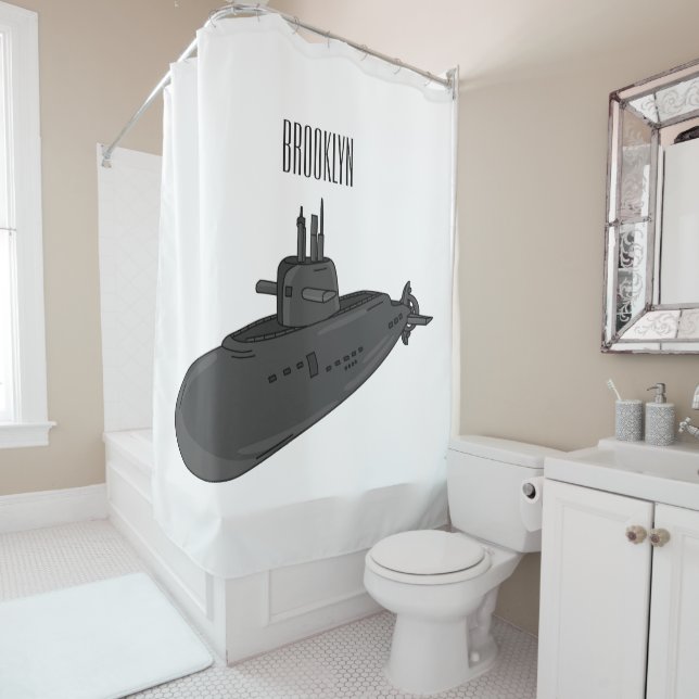 Submarine cartoon illustration shower curtain (In Situ)