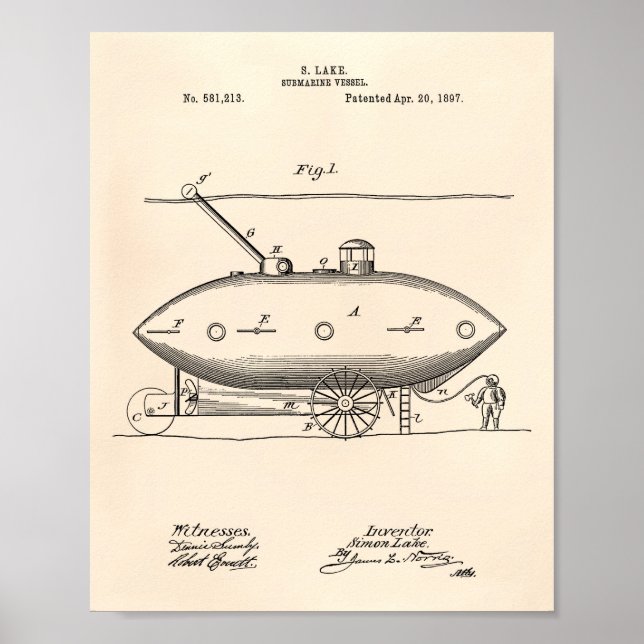 Submarine Vessel 1897 Patent Art Old Peper Poster (Front)