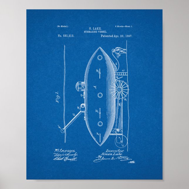 Submarine Vessel Patent - Blueprint Poster (Front)