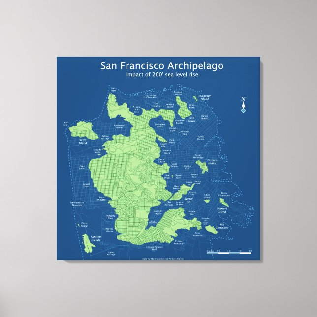 Submerged Streets of SF, 200' sea level rise, 32" Canvas Print (Front)