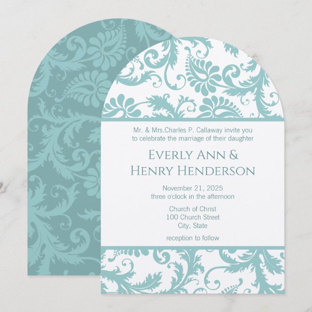 Submitted March 8 Aqua Blue Victorian Damask  Invitation (Front/Back)