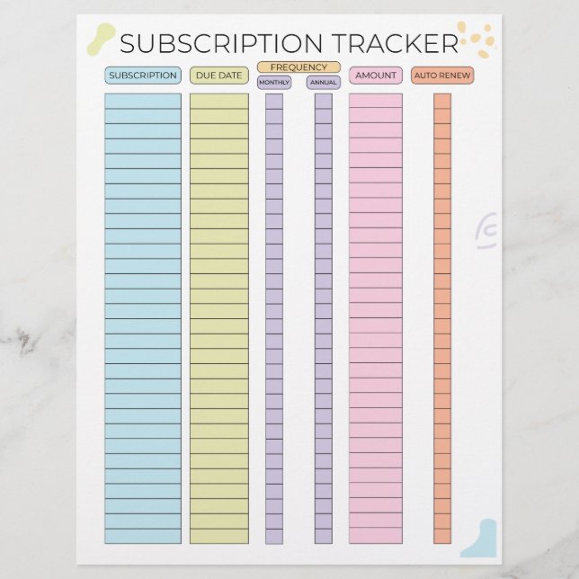 Subscription tracker letterhead (Front)