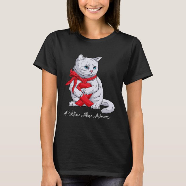 Substance Abuse Awareness Month Red Ribbon Cat T-Shirt (Front)