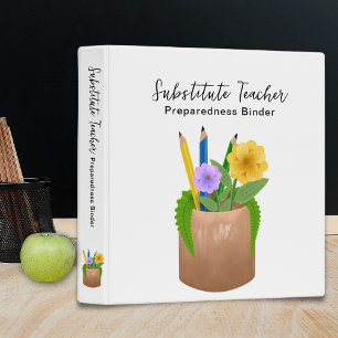 Substitute School Teacher Pencils Flowers 3 Ring Binder