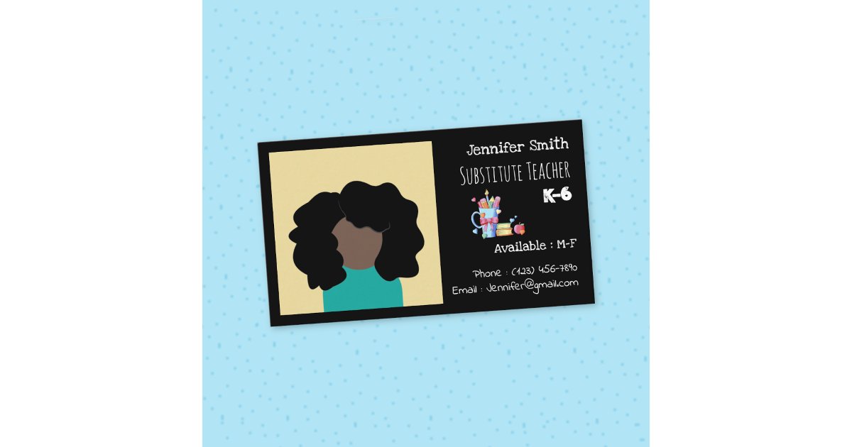 Substitute Teacher Black Business Card with Photo | Zazzle