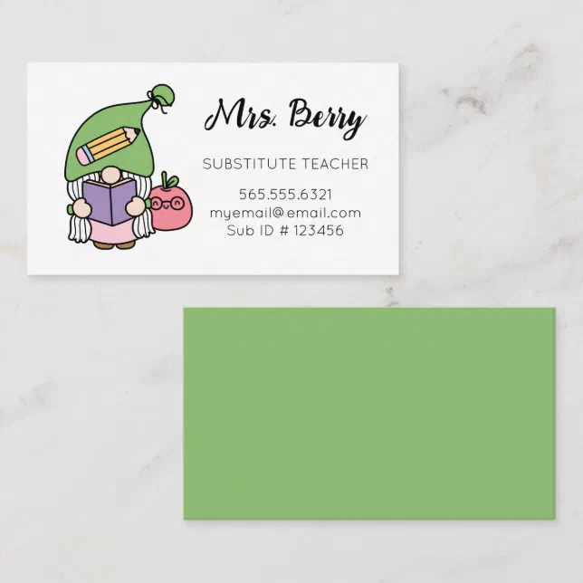 Substitute Teacher Cute Gnome Business Card | Zazzle