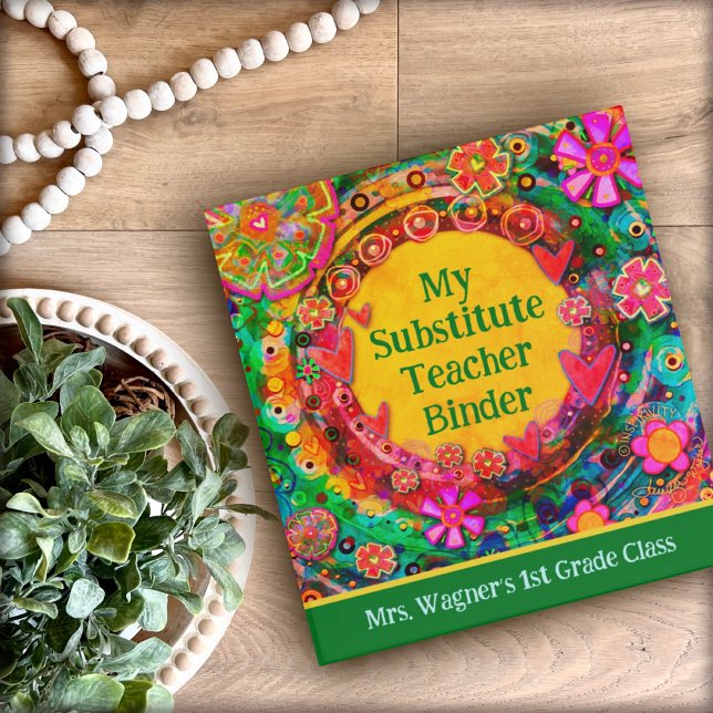 Substitute Teacher Personalized Pink Green Floral 3 Ring Binder (Creator Uploaded)