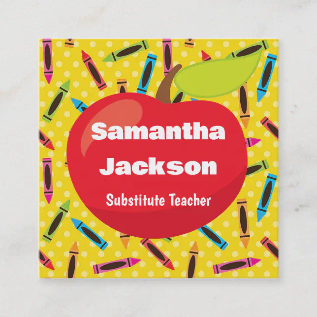 Substitute Teacher Red Apple Colorful Crayons Square Business Card | Zazzle